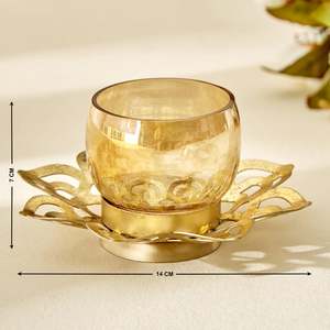 Portavelas de lujo romántico con acento para el hogar con acabado de vidrio en tonos dorados, diseño de pétalo brillante ámbar hecho de metal - Product Image 4
