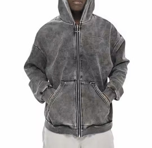 Venta al por mayor personalizado Puff en blanco de gran tamaño Vintage ácido lavado Zip Hoodie Sin cordón doble cremallera Sun Faded Zip up Hoodie - Product Image 4