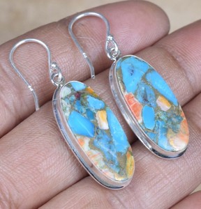 Top Quality Genuine Mohave Spiny Oyster Turquoise <b>Large</b> Oval Bezel Setting Solid 925 Sterling Silver Dangle Drop Hook <b>Earring</b> - Product Image 4