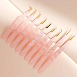 Juego de pinzas para pestañas de volumen con punta de fibra de etiqueta privada personalizada Pinzas para pestañas de acero inoxidable para extensión de pestañas con rosa claro - Product Image 1
