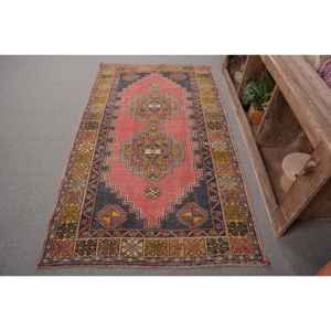 Vintage Turkish <b>Rug</b> 3.8 X 6.8ft Classic Pink Yellow Patchwork Wool Flat Weave <b>Boho</b> Jute Carpet for Living Room Latex Backed - Product Image 1