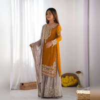 Ensemble Salwar Kameez Plazzo en Soie Georgette Ethnique Haut de Gamme avec Broderie Lourde, Haut et Dupatta Assortis, Idéal pour les Fêtes, Finition Premium, Infroissable