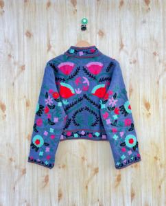 Abrigo Corto de Algodón Tejido Vintage Azul Oscuro, Estilo Sari Kantha, Floral, Bordado a Mano, Doble Botonadura, Estampado a Mano, Relleno - Product Image 5