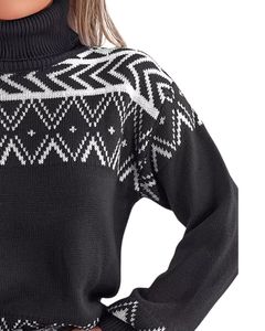 Customized Women Black White Nordic Pattern Turtleneck Sweater Winter Warm Knitted Long Sleeve Casual Pullover Fashion Top - Product Image 2