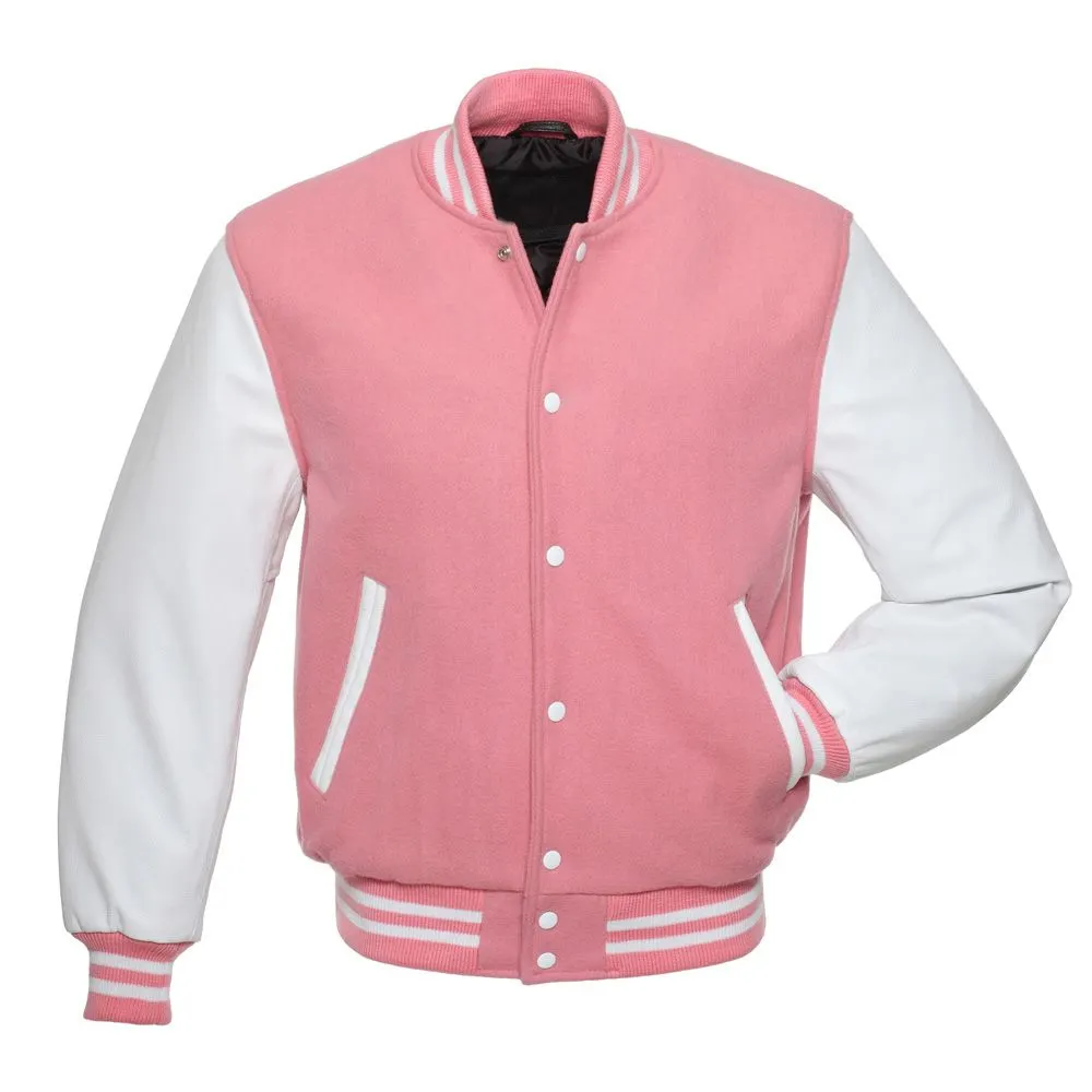 High Quality Womens Pink Wool Body with White Leather Sleeves Letterman Baseball Pink Varsity Jacket