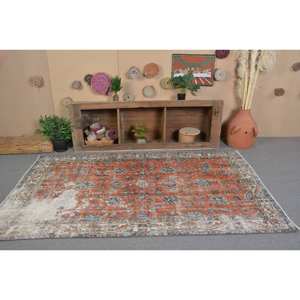 <b>Vintage</b> Turkish <b>Rug</b> 4.8x8ft Orange Beige Wool Latex Backing Tabriz Style Abstract Pattern Rectangular Hallway for Entryway - Product Image 3