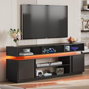 Mobile TV Moderno Nero a Due Livelli con Luci LED, Centro Intrattenimento Sospeso, Console Multimediale per <span class=keywords><strong>Soggiorno</strong></span> - Vendita all'Ingrosso - Product Image 2
