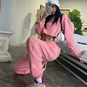 Conjunto de sudadera de gimnasio de algodón para mujer de otoño 100% personalizado, Sudadera con capucha de gran tamaño de lana, chándal largo de pierna ancha para correr - Product Image 1