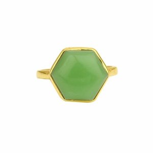 แหวนหกเหลี่ยมชุบทอง18K 925เงินตัวเรือนพลอยคาลซิโดนีสีเขียวเรียบธรรมชาติสวยงาม - Product Image 4