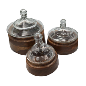 Juego de cuencos de madera para servir alimentos de diseño antiguo de 3 cuencos de mezcla de madera de forma redonda con tapa de vidrio de diseñador - Product Image 2