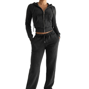 Conjunto Deportivo de Invierno para Mujer, Felpa Lavada al Ácido, con Logotipo Personalizado Bordado, Nuevo, Sudadera con Capucha y Cremallera de Manga Larga, con Cordón para Yoga - Product Image 3