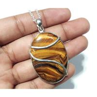 Collier pendentif en argent sterling 925 avec pierre ovale en œil de tigre jaune naturel, bijoux fantaisie en argent
