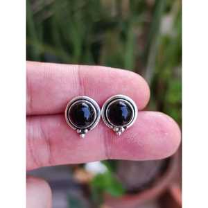 925 Sterling Silver Black Onyx Stud Earrings Handmade July Birthstone Jewelry with Gold Ball Gift for Someone Special - Product Image 4
