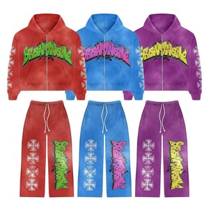 Conjunto de Sudadera con Capucha y Pantalones de Chándal de Algodón 100% Personalizado para Invierno, con Bordado, Apliques, Efecto Desgastado, Lavado Ácido y Estilo Acampanado - Product Image 1