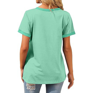 Camiseta informal con cuello en V para mujer, camisetas de algodón suave de corte holgado de manga corta de verano, bolsillo para uso diario, talla XXS, tela de punto sólida - Product Image 6