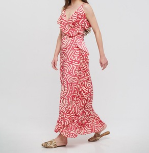 Robe longue rose élégante pour femme, taille unique ajustable, sans manches, à motifs, avec nœud écologique - Product Image 3