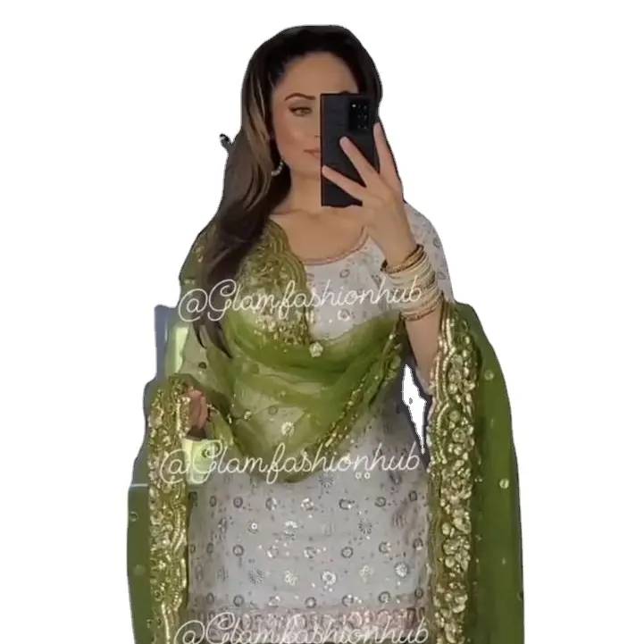 Mais recente moda Designer Punjabi Estilo Pesado Bordado Mulheres's Pronto Para Usar Shalwar kameez e tops