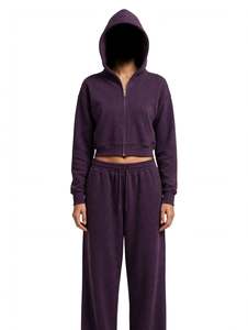 <b>Womens</b> Baggy Double Waistband <b>Tracksuit</b> Set Dark <b>Purple</b> Cropped Hoodie And Wide Leg Sweatpants Dark <b>Purple</b> Zip Up Hoodie Winters - Product Image 5