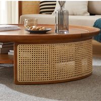 Table basse ronde en bois massif au design moderne avec côtés en rotin, hauteur réglable, couleur personnalisée pour le mobilier de salon