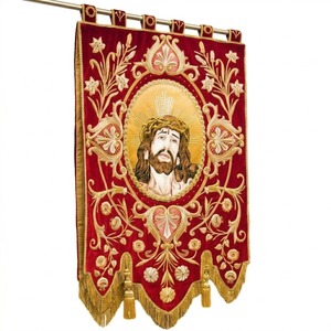 Handmade Red Velvet Church <b>Banner</b> Heavyweight Embroidered Liturgical Processional <b>Banner</b> with Gold Fringe - Product Image 6