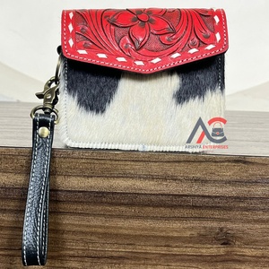 Monedero de Cuero con Diseño Floral, Monedero Pequeño de Cuero Vacuno con Pelo Auténtico y Correa para la Muñeca para Mujer, Venta al por Mayor de Fábrica - Product Image 1