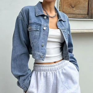 Chaqueta vaquera recortada personalizada para mujer, diseño informal con botones azules, ropa de abrigo femenina a la moda, ropa de mujer OEM - Product Image 1