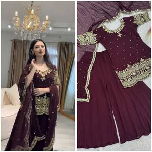 Salwar Kameez Especial para el Invierno, Ramadán y Eid, Venta al por Mayor, Manga Larga, Georgette Sintético, con Bordado Moderno y Elegante - Product Image 6