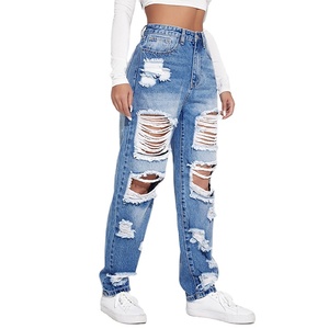 กางเกงยีนส์ผู้หญิงเอวสูงทรงยาว สไตล์ฮิต ใส่สบาย ขาดๆ แบบฟอกสีกลาง กางเกงยีนส์ผู้หญิง - Product Image 2