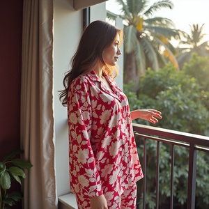 Conjunto de pantalones cortos de viscosa suave y sedosa para mujer, camisa de manga larga, pijama con estampado de flores, traje para el hogar, cierre de cintura elástica para el verano - Product Image 6