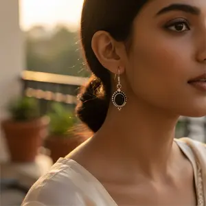 925 <b>Silver</b> Black Onyx Oval <b>Drop</b> and Stud <b>Earrings</b> for Women Vintage Trendy Jewelry for Engagement Featuring Ruby and Diamond - Product Image 1