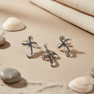 A 925 Silver <b>Blue</b> <b>Sapphire</b> Cross Pendant Set Women Silver Classic Trendy Hypoallergenic Jewelry Gift Daily Wear Rajasthan - Product Image 1