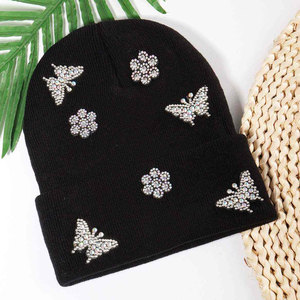 Black Beanie Hat with Rhinestone Decoration Unisex Adult <b>Winter</b> <b>Cap</b> PUNK STYLE Wool Blend >62CM - Product Image 3