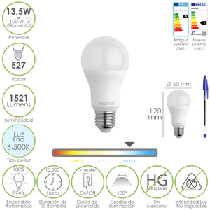 Lampadina LED Standard con Attacco E27 13,5 Watt. Corrisponde a 100 Watt. 1521 Lumen. Luce Fredda (6500o. K.) - Product Image 1