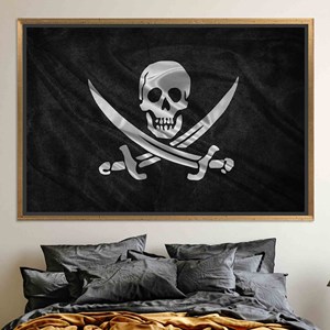 Impression sur toile du drapeau pirate Jolly Roger : décoration nautique audacieuse, toile encadrée en or - Product Image 1