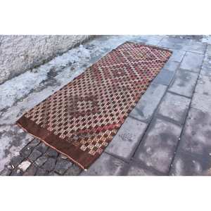 Alfombra turca Kilim de 3,2x8,7 pies, marrón, Beige, tejido plano, Jacquard, patrón abstracto, pelo de felpa, Material de lana, respaldo de látex - Product Image 2