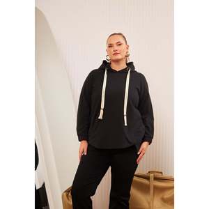 RMG Plus Size Women's Black Embellished Lace-Up Corded Hooded <b>Asymmetric</b> <b>Hem</b> Sweatshirt <b>Top</b> for Casual Wear - Product Image 6
