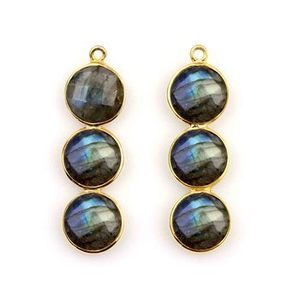 Pendentif de haute qualité de style vintage en labradorite de 10 mm, fait à la main, serti en argent sterling 925, gris bleu feu, or fin - Product Image 4