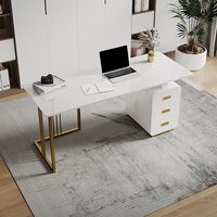 Meuble de bureau de luxe, bureau de travail avec tiroirs et cadre en acier inoxydable doré, plateau en verre, table de travail pour ordinateur