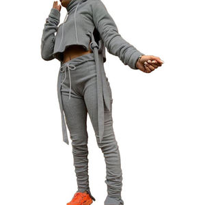Vente en gros Automne Femmes Épais Manches Longues 2 Pièces Solide Décontracté Transpiration 100% Coton Survêtement Ensembles - Product Image 2
