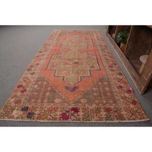 Vintage Turkish Rug 3.9 X 8.2ft Orange Green Patchwork Design Wool Flat Weave Technique Latex for Living Room Decorations - Product Image 2