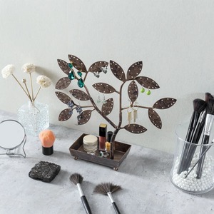 Support de rangement pour bijoux en métal en forme d'arbre avec motif de feuilles, porte-boucles d'oreilles et plateau, présentoir de bureau pour la décoration de la maison, 12x12,5x3,5 pouces - Product Image 4