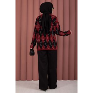 Pull d'hiver décontracté Softie, motif baklava bordeaux-noir, tricot confortable et élégant - Product Image 5