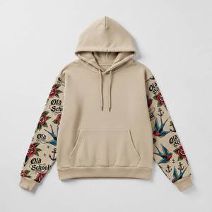 Sudadera con Capucha de Felpa de Algodón de Alta Calidad OEM para Mujer, Estilo Urbano, Color Beige, Diseño de Tatuaje en las Mangas Delanteras, Etiqueta Privada Personalizada de Fábrica - Product Image 1