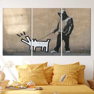 Arte en lienzo impreso con grafiti de un perro ladrando de Banksy - Decoración moderna, JUEGO DE 3 LIENZOS - Product Image 1