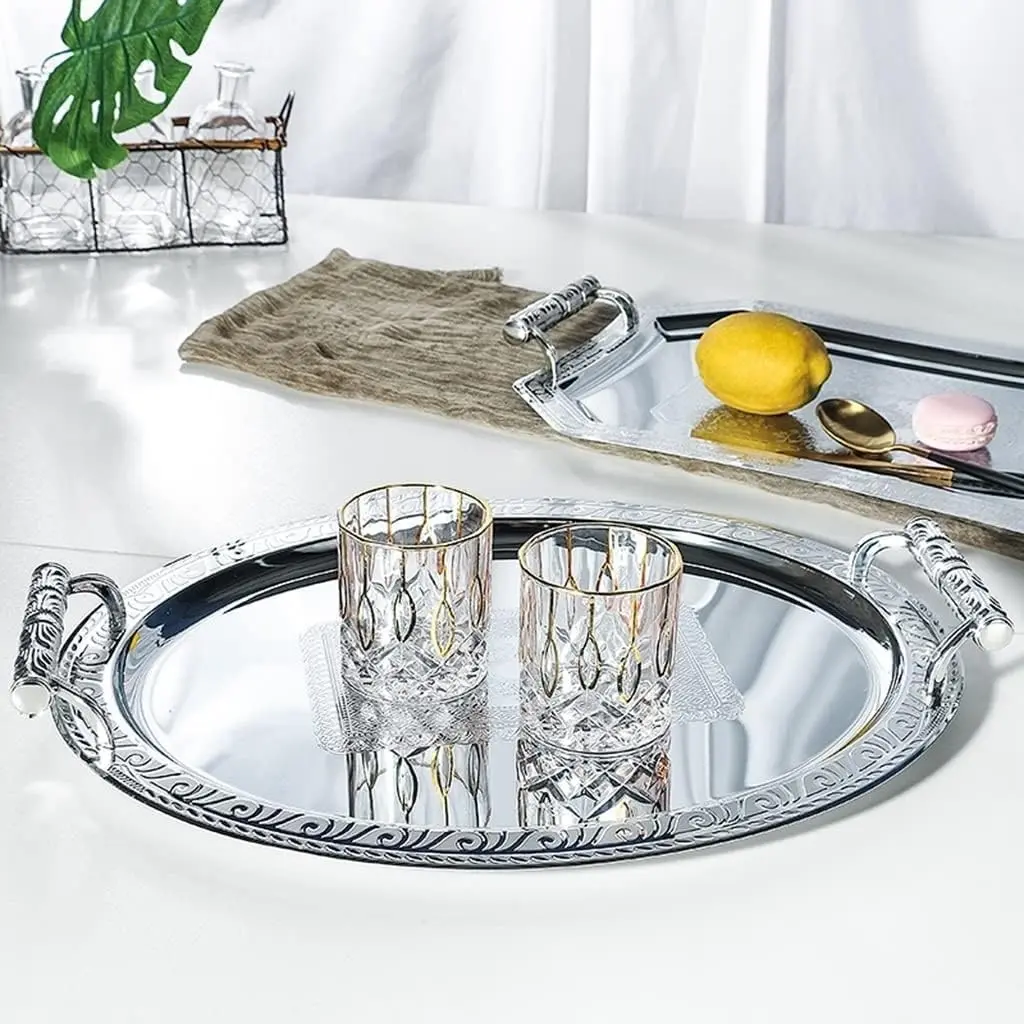 AK Brass Silver Finished Luxury Tray Serving Metal Frame Oval Shape Wedding Holiday Jewelry Storage Display Tray