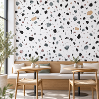 Papier peint MORLENX à motif terrazzo blanc avec des copeaux noirs, gris et pastel pour salon, chambre et café