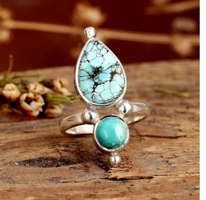 Bague en argent sterling Boho Turquoise pour femme double pierre de naissance pierre précieuse larme déclaration pierre bohème bijoux pour bagues fines - Product Image 2