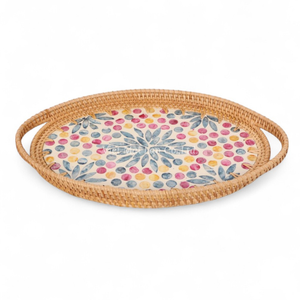 Plateau de service en rotin naturel fait à la main avec nacre pour restaurant, service à domicile, restauration et traiteur - Product Image 1