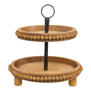 Plateau en bois Offre Spéciale à 2 niveaux avec poignée en métal finition naturelle vaisselle en bois d'acacia support à gâteau forme ronde plateau de décoration de fruits - Product Image 3