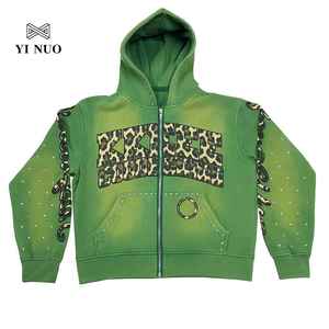 Manufacturer Rhinestone <b>Leopard</b> <b>Print</b> Men's <b>Hoodie</b> Custom Heavyweight Vintage Distressed Zip up 100% Cotton <b>Hoodie</b> - Product Image 1